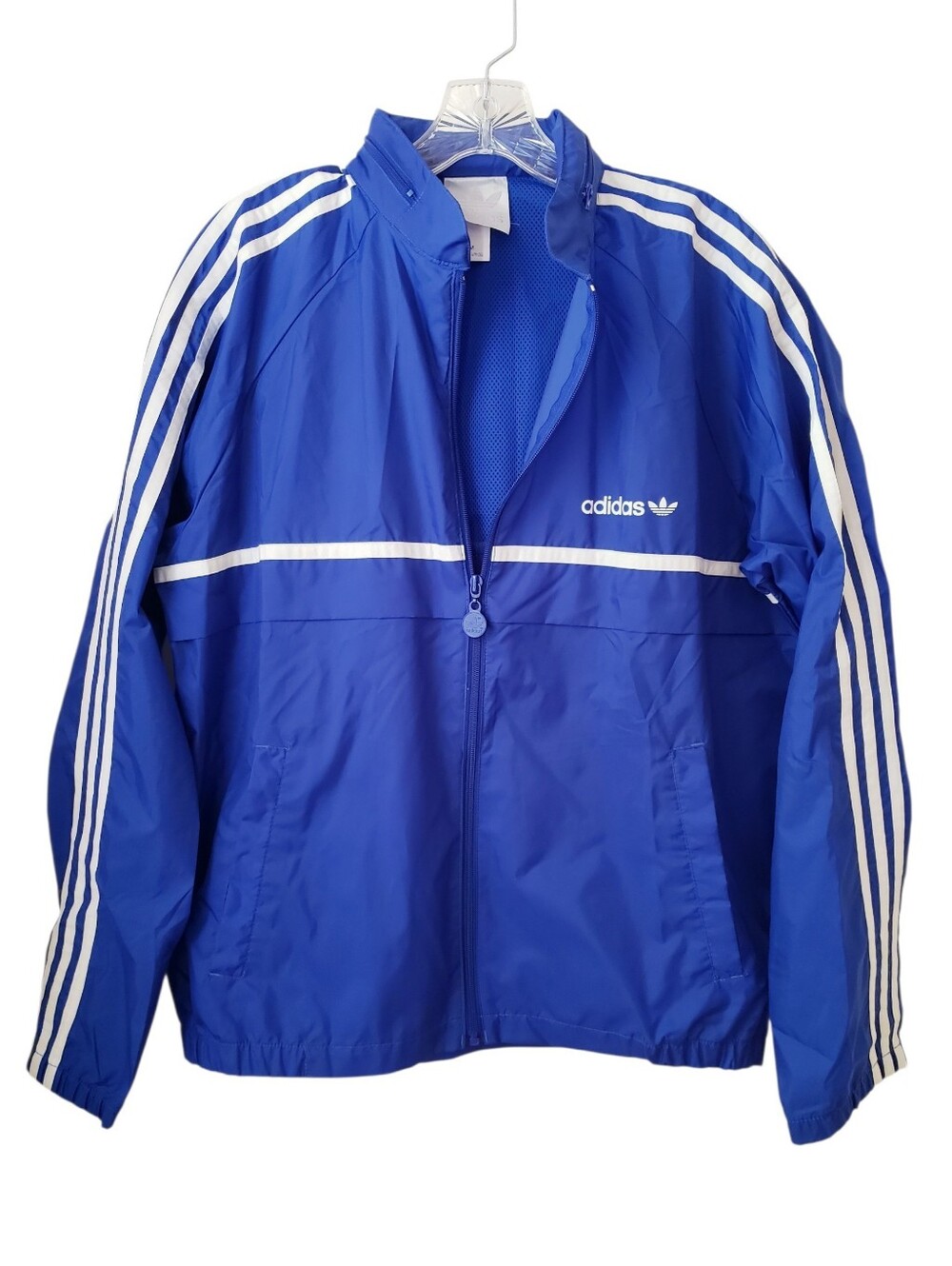 Vintage 80s Adidas Trefoil Windbreaker Jacket Packable Hood Royal Blue